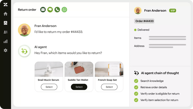 zendesk ai agent interface showing automated product return handling with ai workflow automation tools.